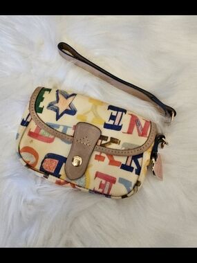 Dooney & Bourke Multicolor Letter-Print Wristlet with Beige Trim